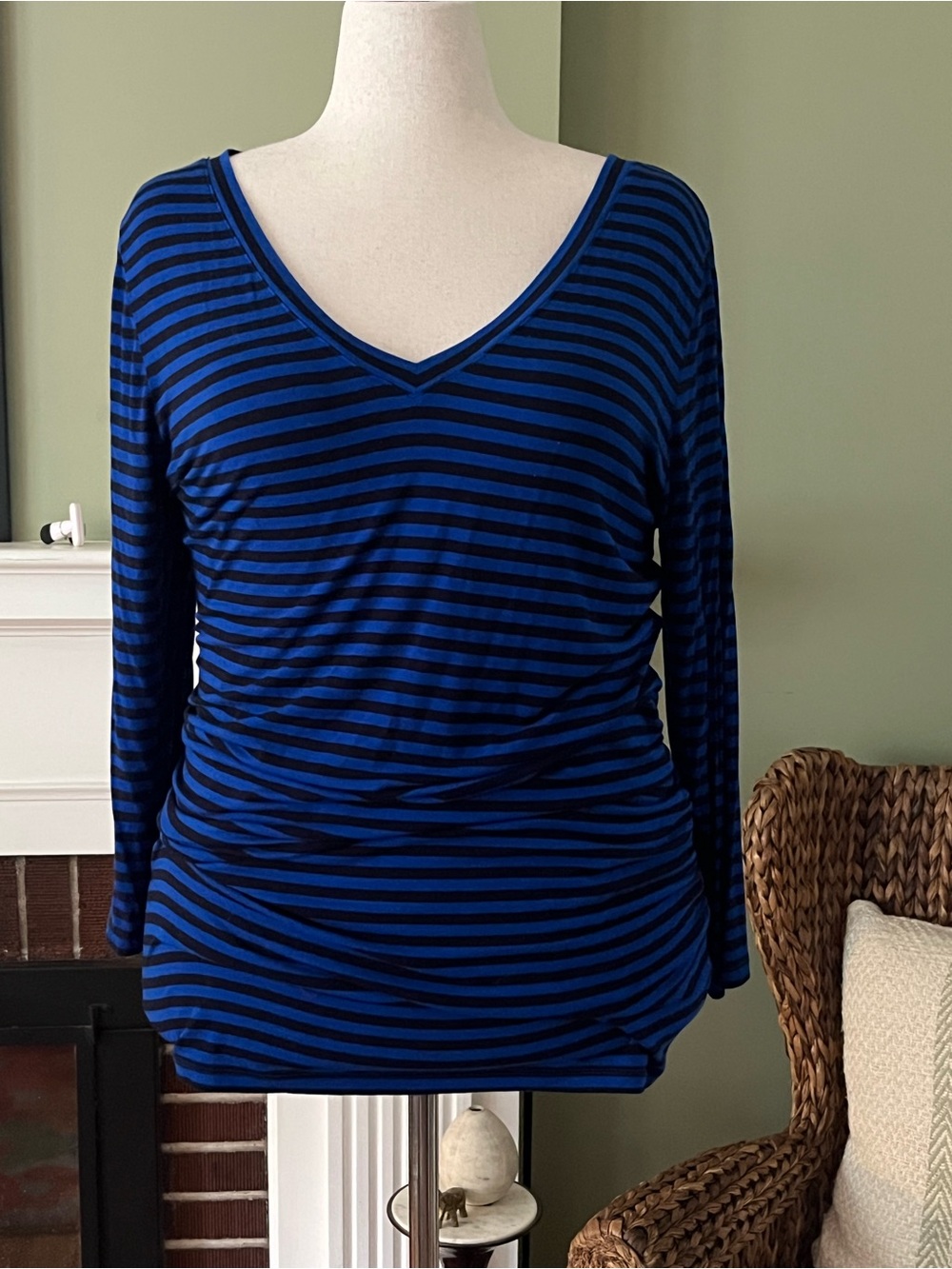 Liz Lange Maternity Blue & Black Striped Ruched V-Neck Top | XL